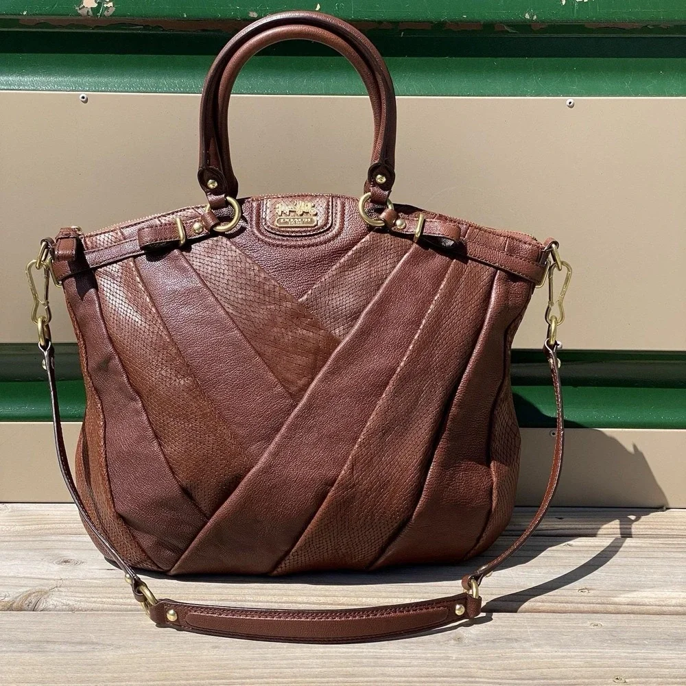 Coach Madison Diagonal Pleated Mixed Exotic Lindsey Satchel F21318 Tobacco Brown